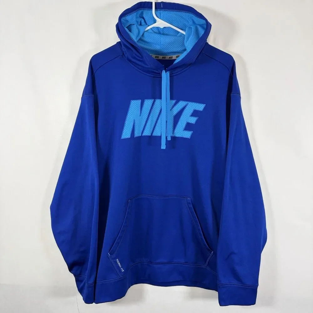 Nike Therma Fit Hoodie Mens Size XXL 2XL Royal Blue Mesh Spellout Fleece Lined